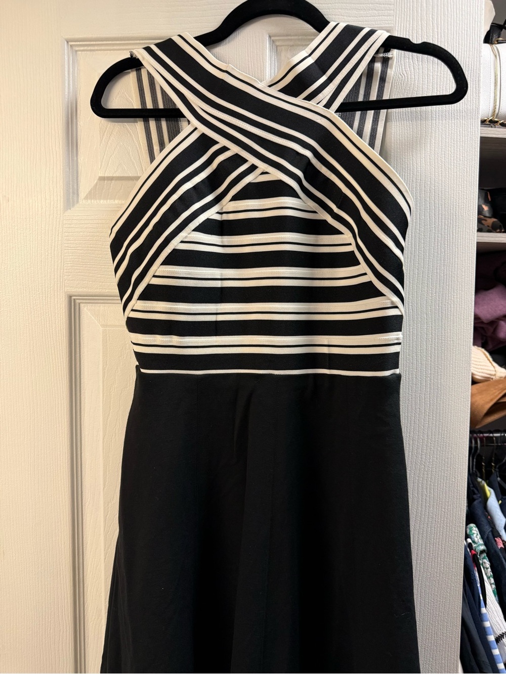 Maeve Black and White One-Shoulder Striped Fit-and-Flare Dress